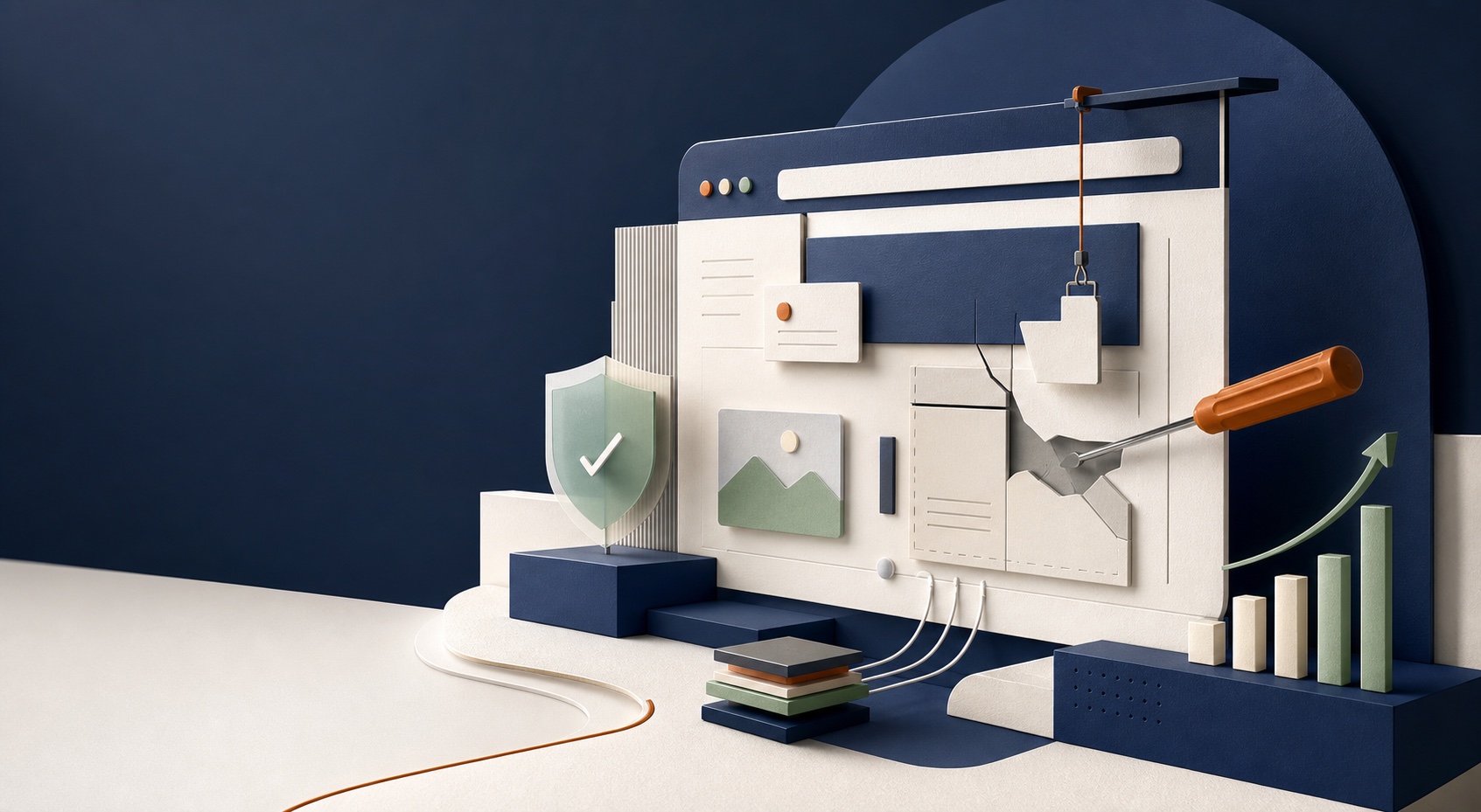 Editorial illustration of a business website being repaired and restored