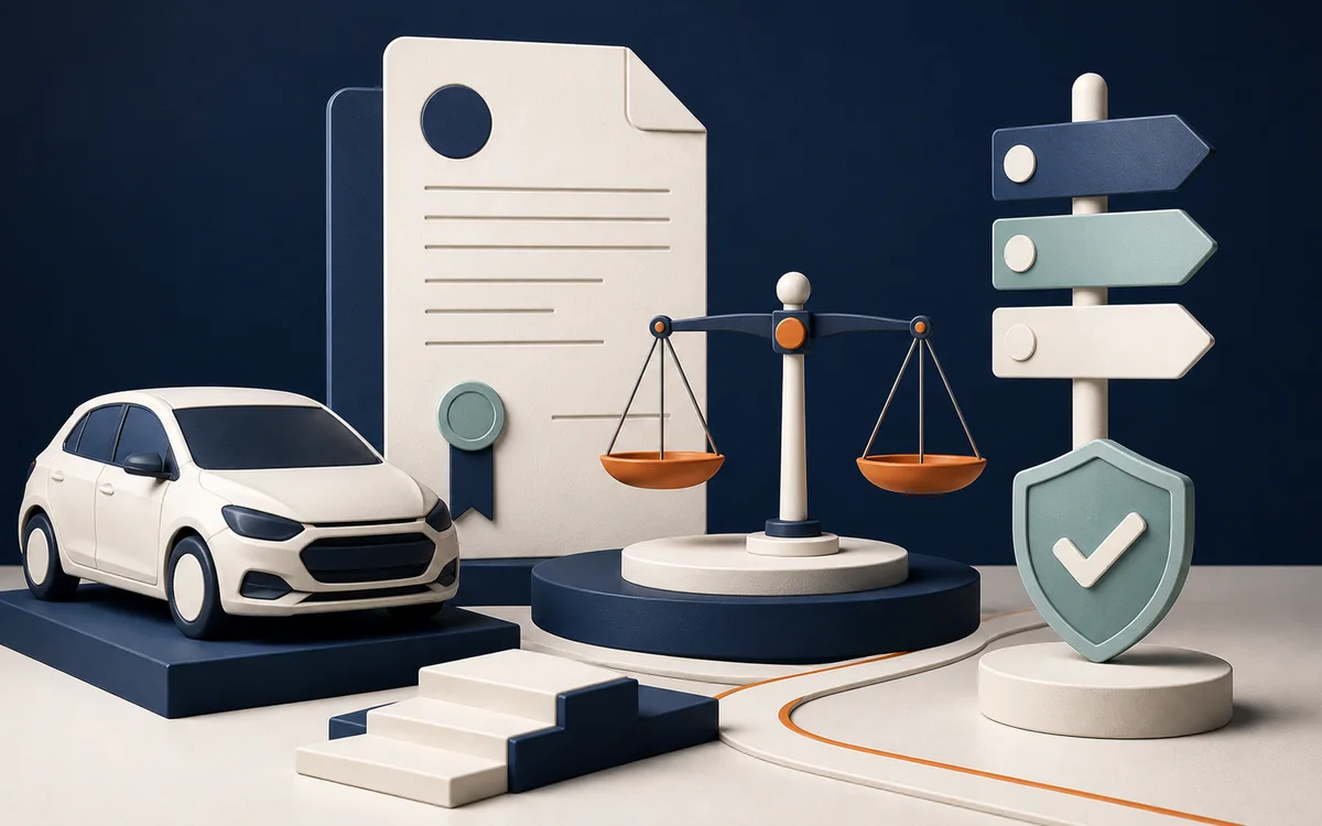 Editorial illustration of a car, regulated finance document, scales and customer signposts