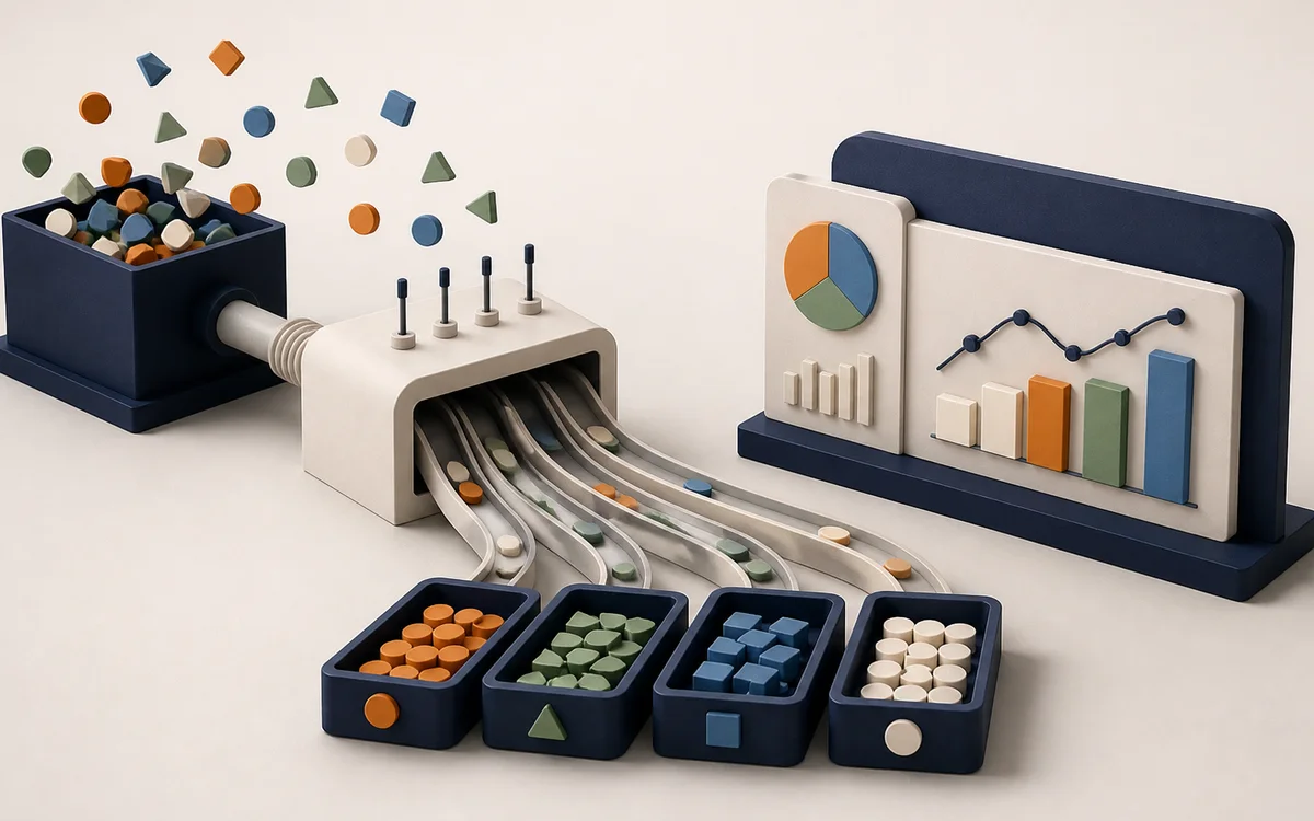 Editorial illustration of mixed traffic sources being sorted into clean analytics groups