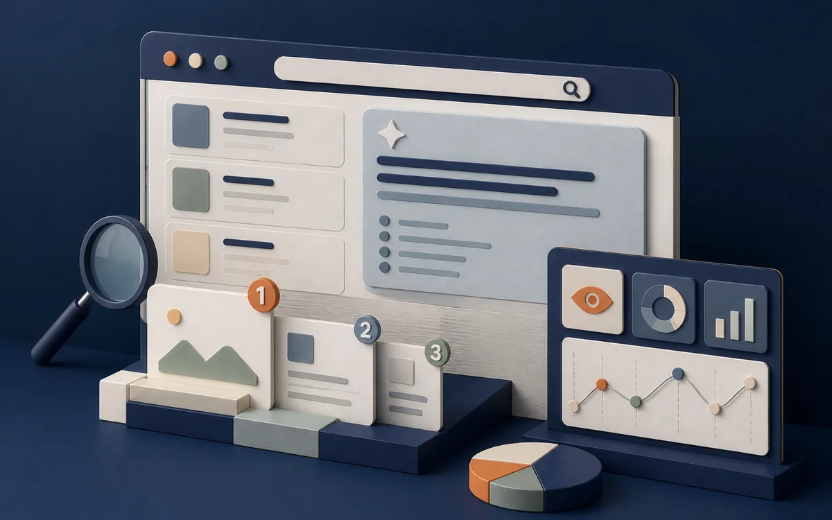Editorial illustration of source pages appearing within an AI search result and visibility report