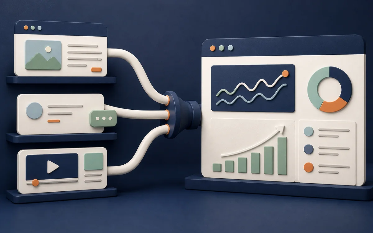 Editorial illustration of web, social and video channels flowing into one reporting dashboard