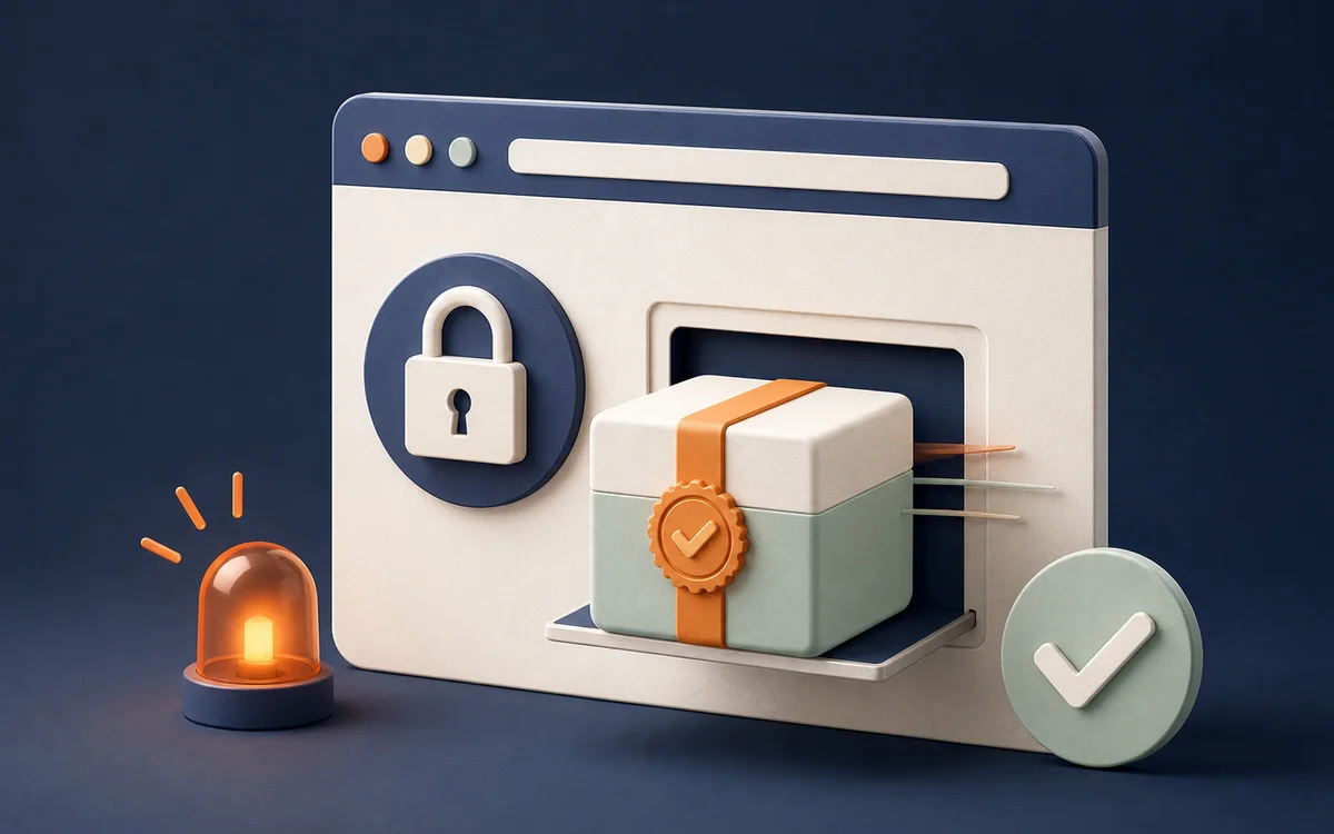 Editorial illustration of a secured browser receiving a verified software update
