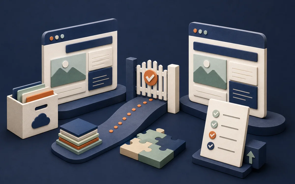 Editorial illustration of staging and live websites separated by a controlled release gate