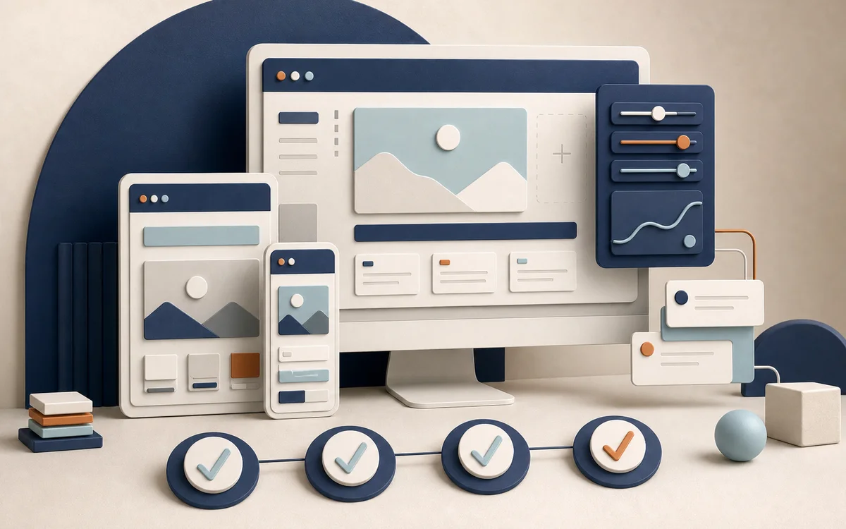 Editorial illustration of responsive website editing, collaboration notes and four update checks