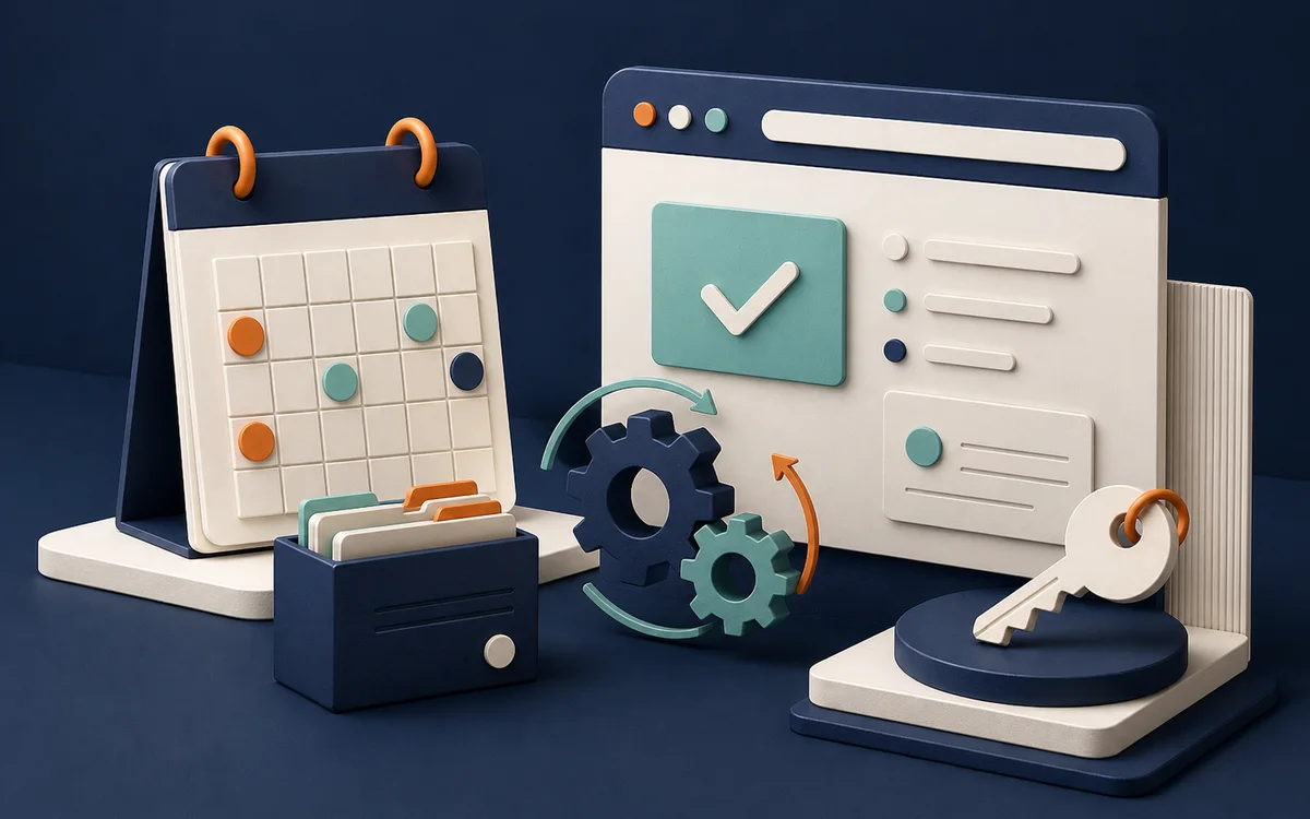 Editorial illustration of scheduled website maintenance, backups, updates and ownership