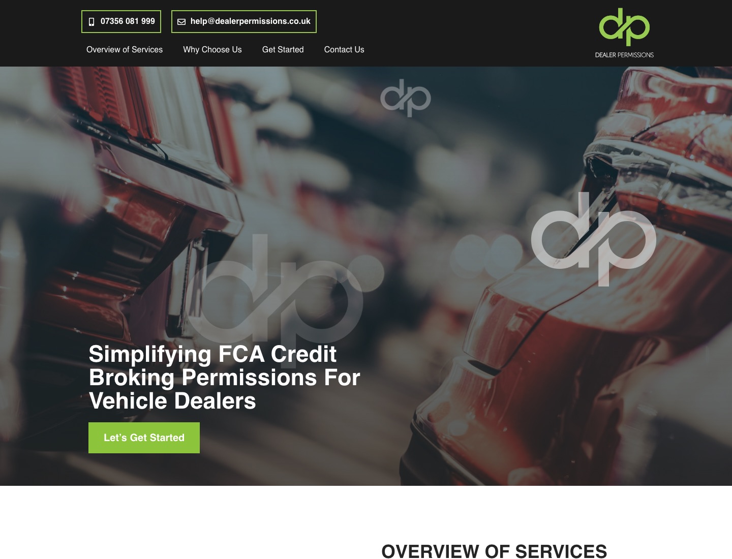 Homepage screenshot of the Dealer Permissions website